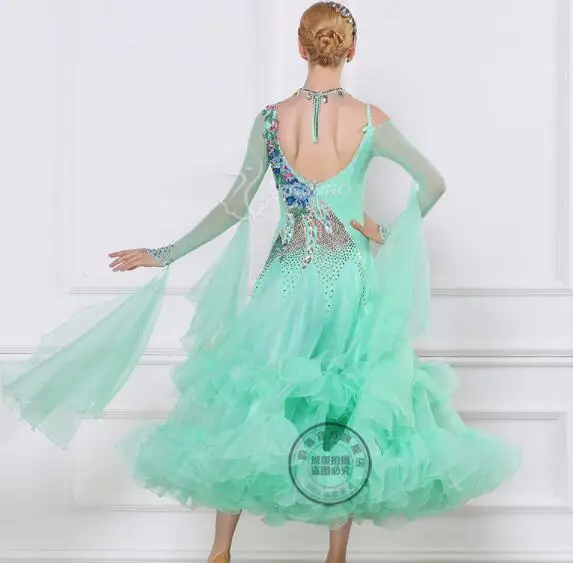 green  standard ballroom Waltz tango Fox trot Quick step lace Ballroom Modern competition Dress