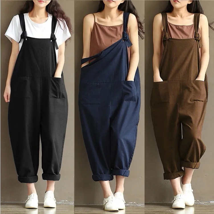 Summer Jumpsuits new artistic large size cotton suspenders wide-leg pants ladies casual slacks