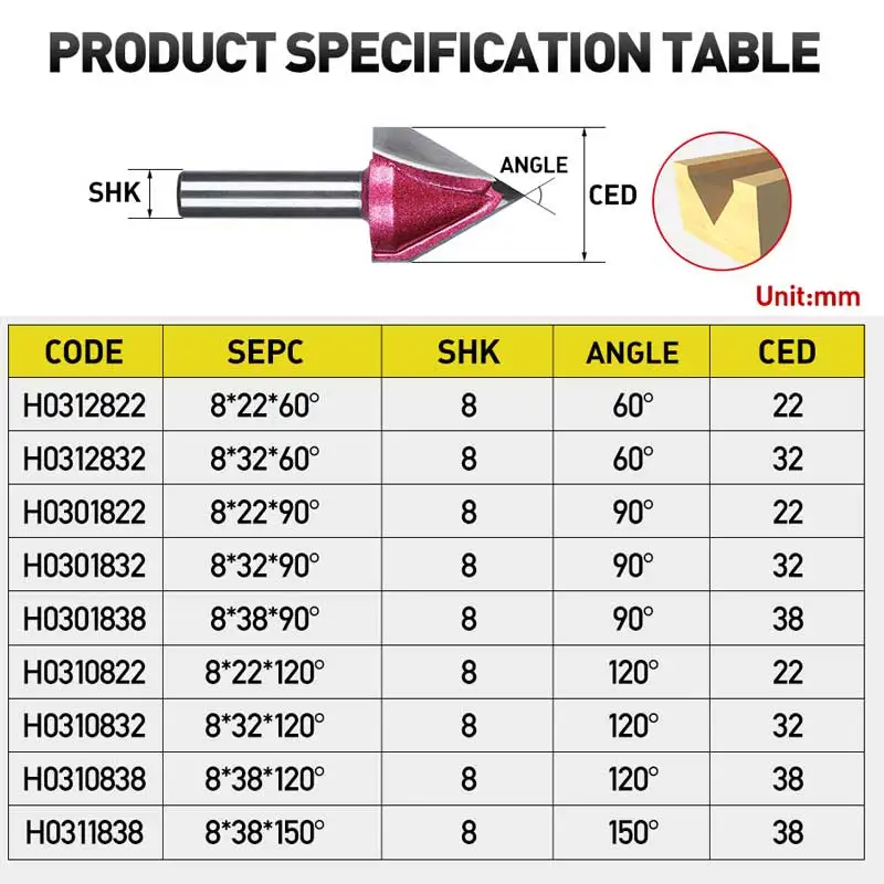 8mm Shank V Groove Bit CNC Solid Carbide End Mill 3D Router Bits Wood 60 90 120 150 Degree Tungsten Woodworking Milling Cutter