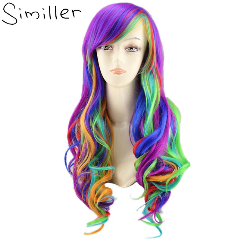 Similler Rainbow Women's Long Curly Synthetic Hair Cosplay Wig + A Haircap Multi Color