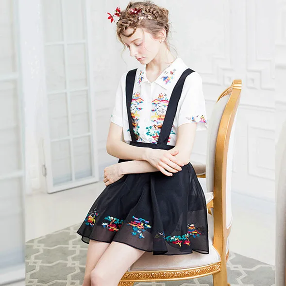 

LYNETTE'S CHINOISERIE Spring summer new arrival pine embroidery elegant black organza puff skirt braces skirt