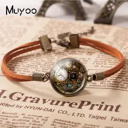 2018 New Steampunk Leather Bracelet Accessories Steampunk Clock Bracelets Round Hand Craft Glass Cabochon Jewelry