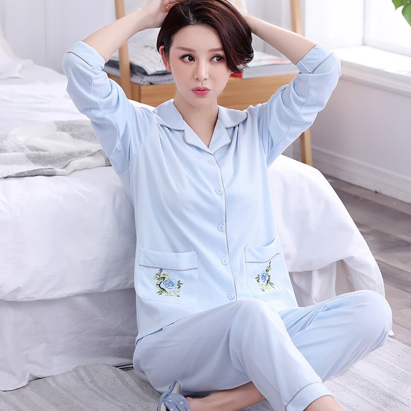 spring autumn women's pajamas comfortable cotton home clothing soild color lounge sleepwear long-sleeve pijama mujer pajama set