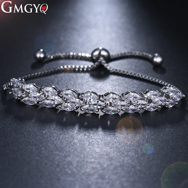 

GMGYQ Trendy Bride Jewelry Clear CZ Crystal Leaf Charm Zirconia Box Chain Adjustable Bracelets For Women