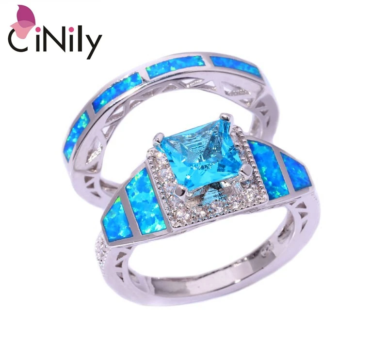 CiNily Created Blue Fire Opal Blue Zircon Cubic Zirconia Silver Plated Wholesale for Women Jewelry Ring Size 6 7 8 9 10 OJ8102