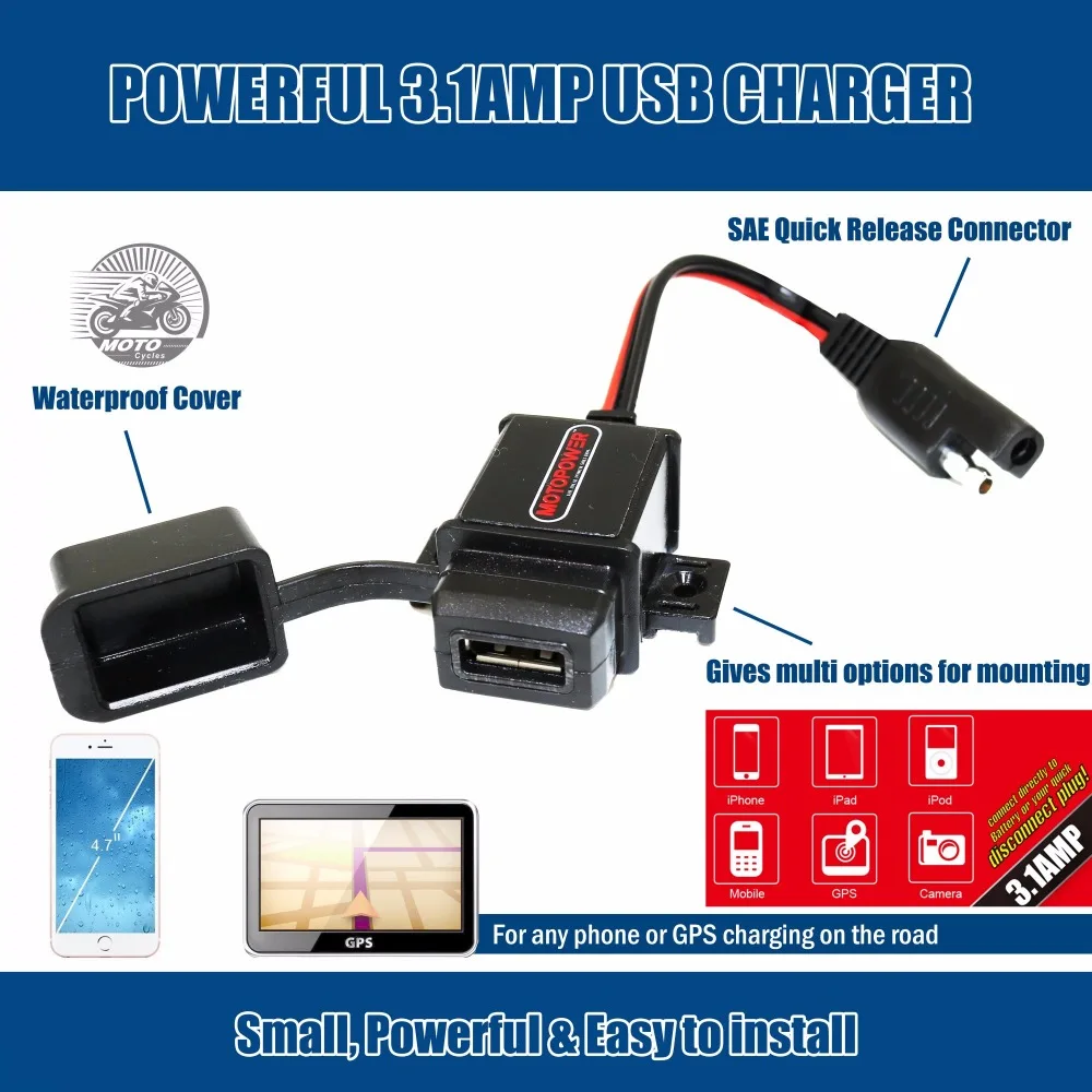 MOTOPOWER MP0609 3.1amp Waterproof Motorcycle USB Charger Phone Charger GPS Charger SAE to USB Adapter