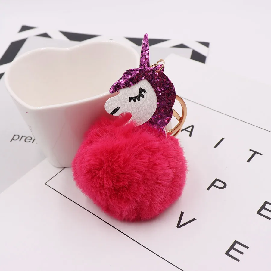 Pom Unicorn Keychain Rabbit Fur Ball Horse Key chain porte clef holder fluffy pompon Bag Car Key Ring For Women Accessories