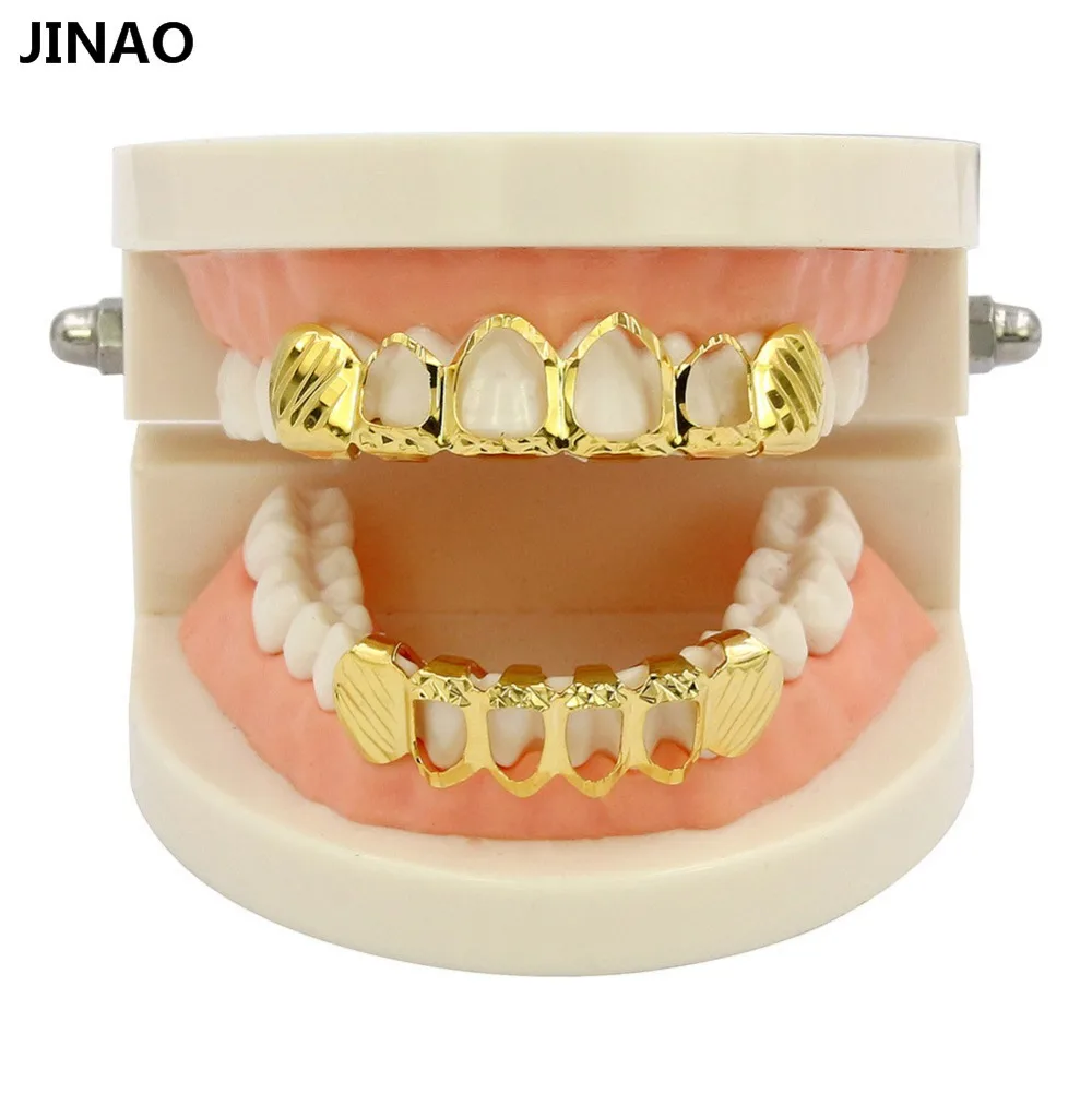 JINAO-Conjunto D-Cut Grillz, cor dourada pura, dentes superiores e inferiores, 4 grelhas abertas de Hip Hop, conjuntos ocos de grelha, novo ajuste