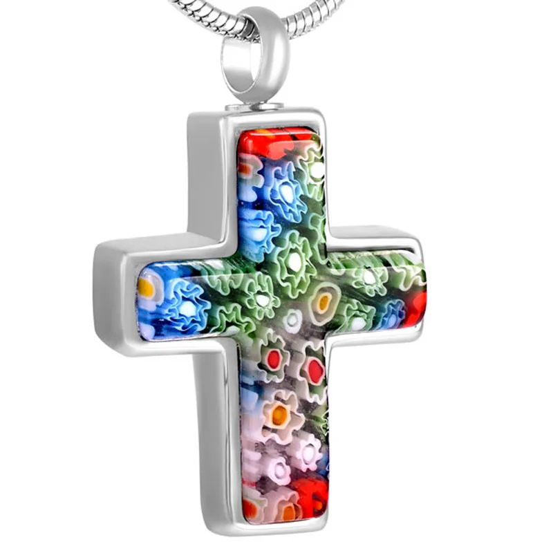 IJD8546 Murano Glass Cross Urn Necklaces Memorial Cremation Ashes Ash Holder Keepsake Stainless Steel Jewelry Pendant for Women