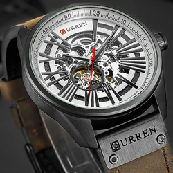 New CURREN Watch Men Skeleton Tourbillon Mechanical Watches Male Leather Automatic Self-wind Sports Clock Relogio Masculino