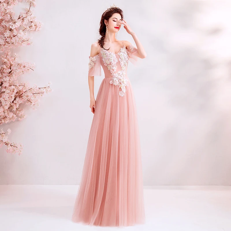 Robe De bal longue et féerique, rose clair, avec des Appliques De perles, manches courtes, Transparent, nouvelle collection 2019