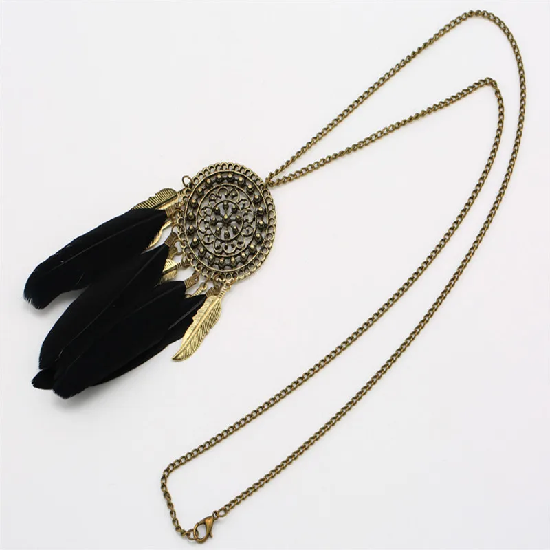 Fashion Boho Long Sweater Link Chains Vintage Feather Tassels Necklace Small Dream Catcher Pendant Necklaces Womens Jewelry