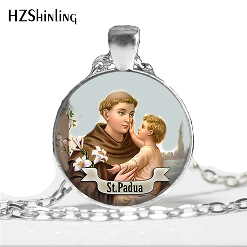 ¡NOVEDAD DE 2017! collar con colgante de San Antonio de Padua, Joyería de Arte de San Antonio, collar religioso de cabujón de cristal HZ1