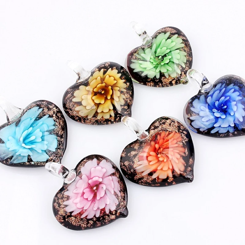 Qianbei Wholesale 6pcs Handmade Murano Lampwork Glass Mix Color Flower Heart Pendant For Necklace Hot Jewelry