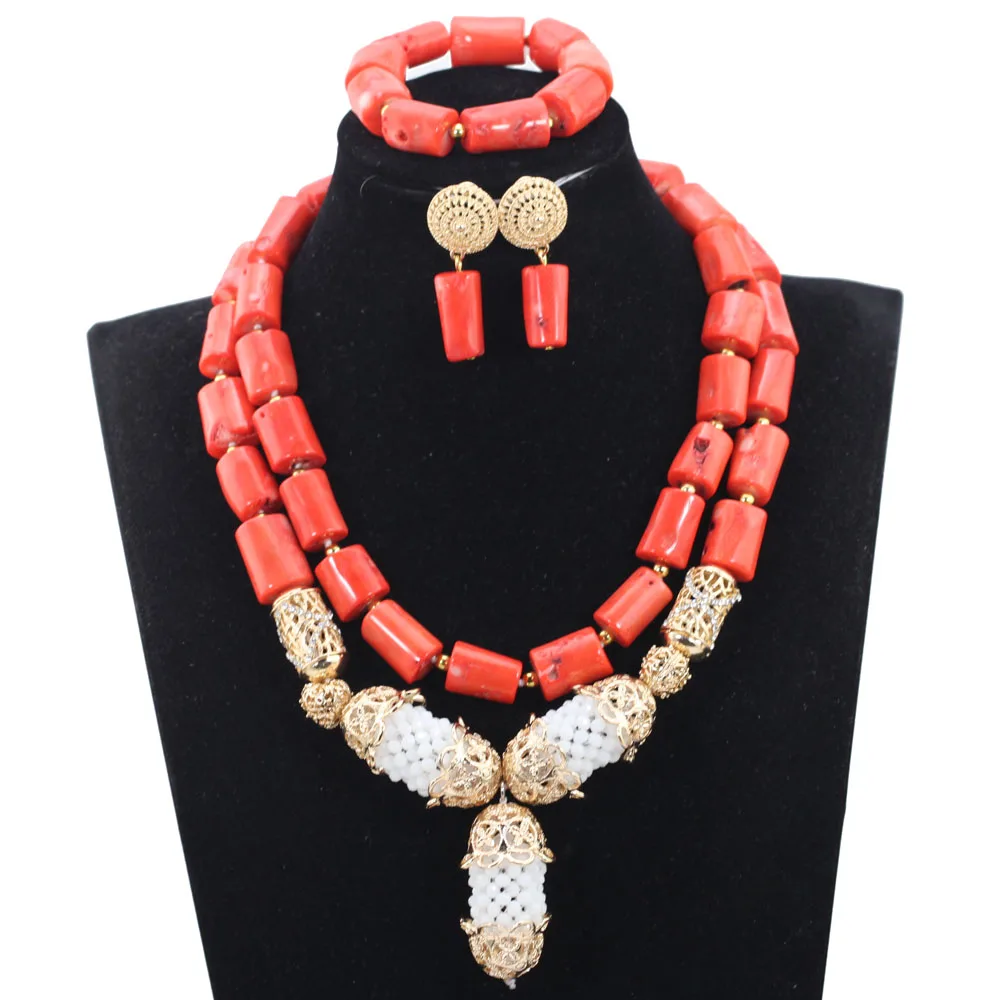 

New Real Coral Bridal Beads Jewelry Set Indian Wedding Gold Necklace Earrings Set Gold Jewelry Set for African Wedding ABH486