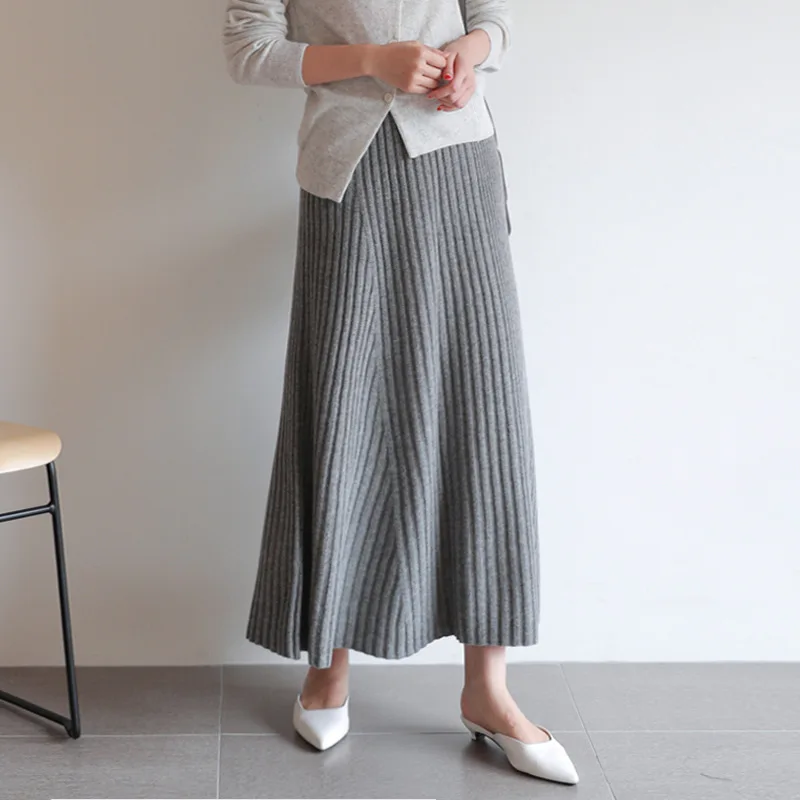 Textured Knitted Midi Skirt Women Swing High Waist Winter Skirts Grey Black S,M