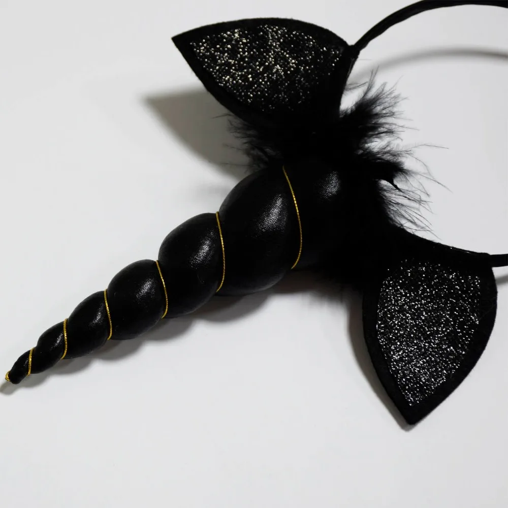 Black Unicorn Headband Glitter Unicorn Horn Feather Hairband Boys Costume Girls Hair Accessories