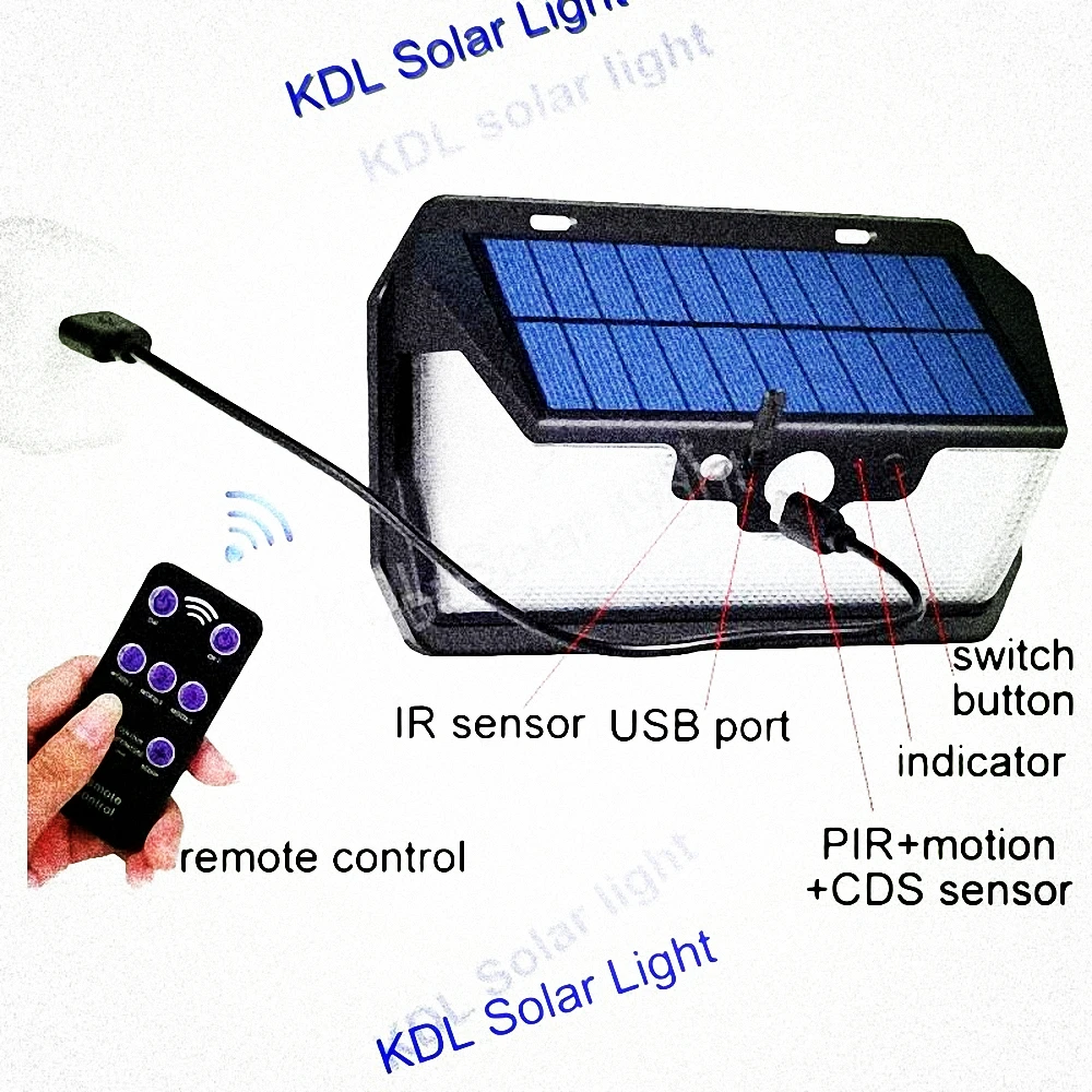 55 LED 900lm Solar Light remote control radar smart  3 side lighting strong bright  switc IP  camp street wall lamp yard ca