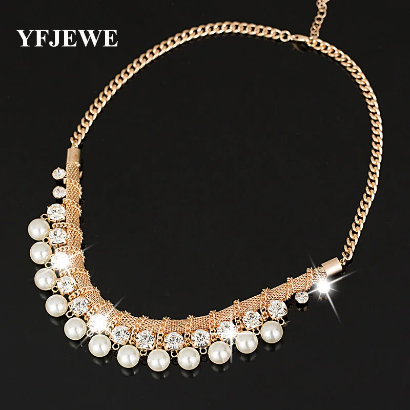 YFJEWE New hot Sale Lady Fashion Pearl Rhinestone Crystal Chunky Collar Statement Necklace  for women #N090