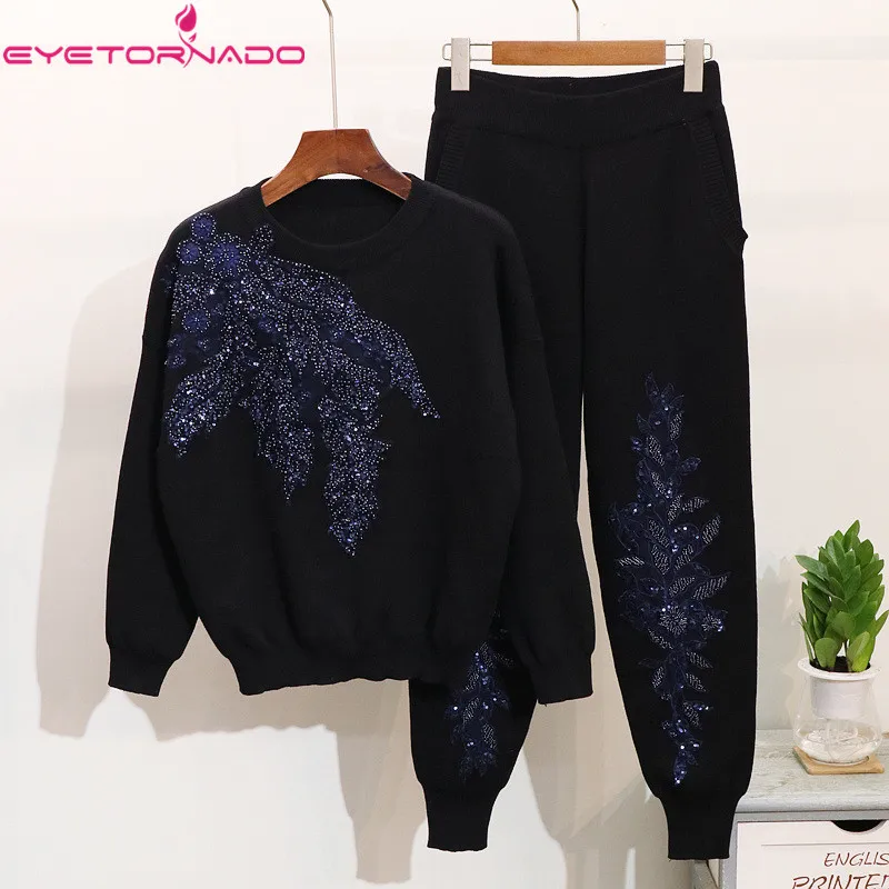 Women's Flower Beadings Embroidery Tracksuit Casual Sweater Top Long Knitted Trouser Pant Suit Autumn Winter Suit