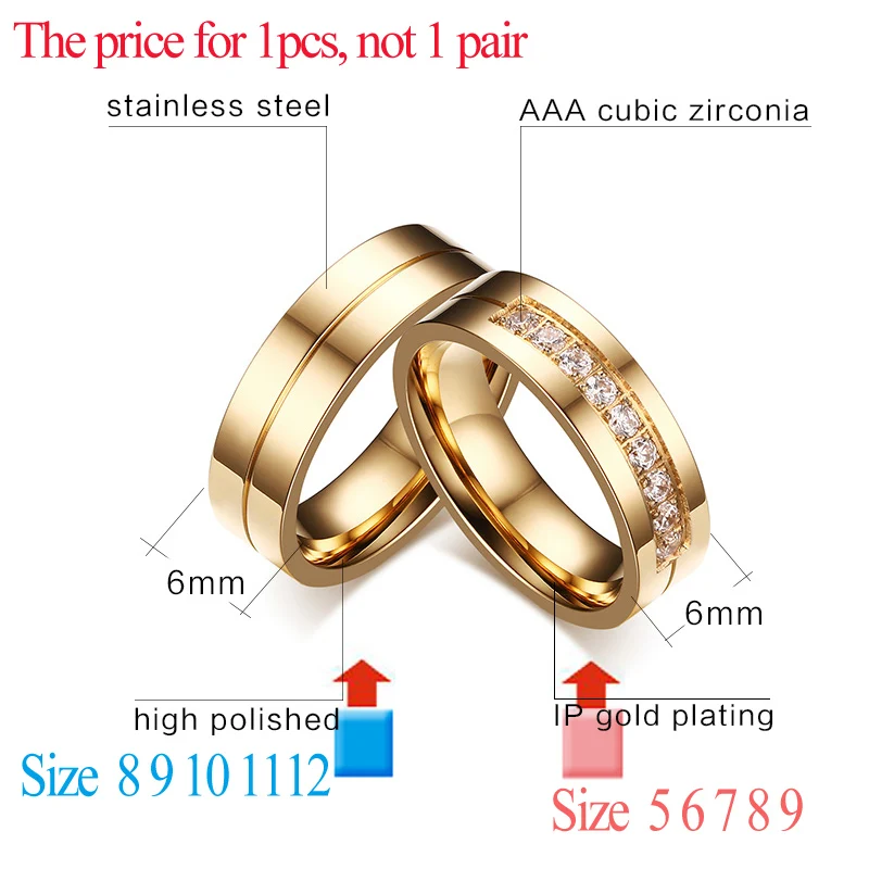 Bling CZ Stone Wedding Bands Rings for Women Men Gold Tone Stainless Steel Promise Love Anillo Alianca Bijoux Customized Engrave