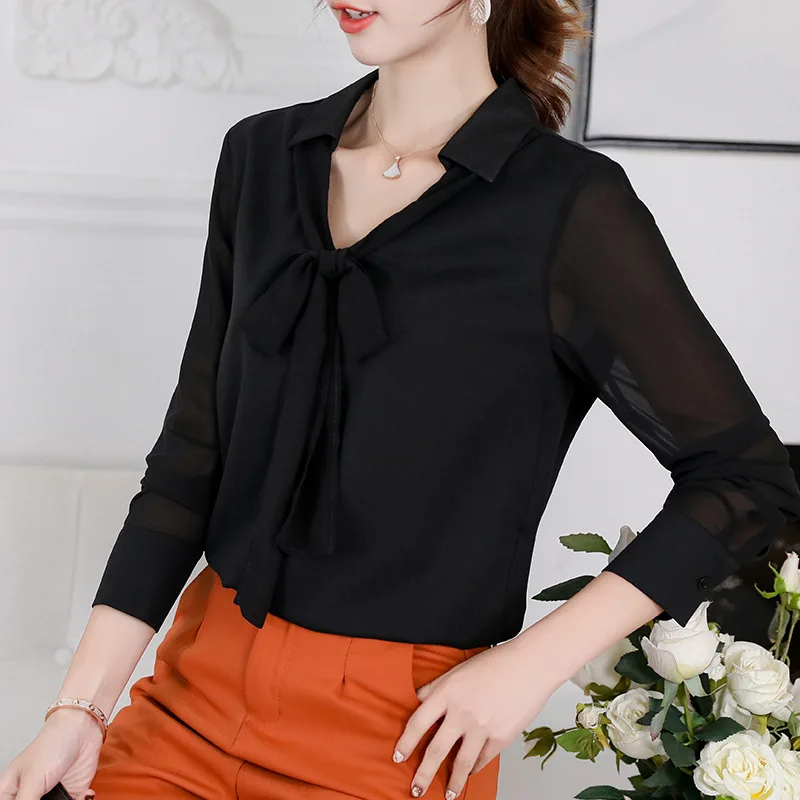 Women's Leisure Bottom Shirt Spring Summer Long Sleeve Pure Color Blouses Female New Korean Fashion Casual Bowknot Top H9070