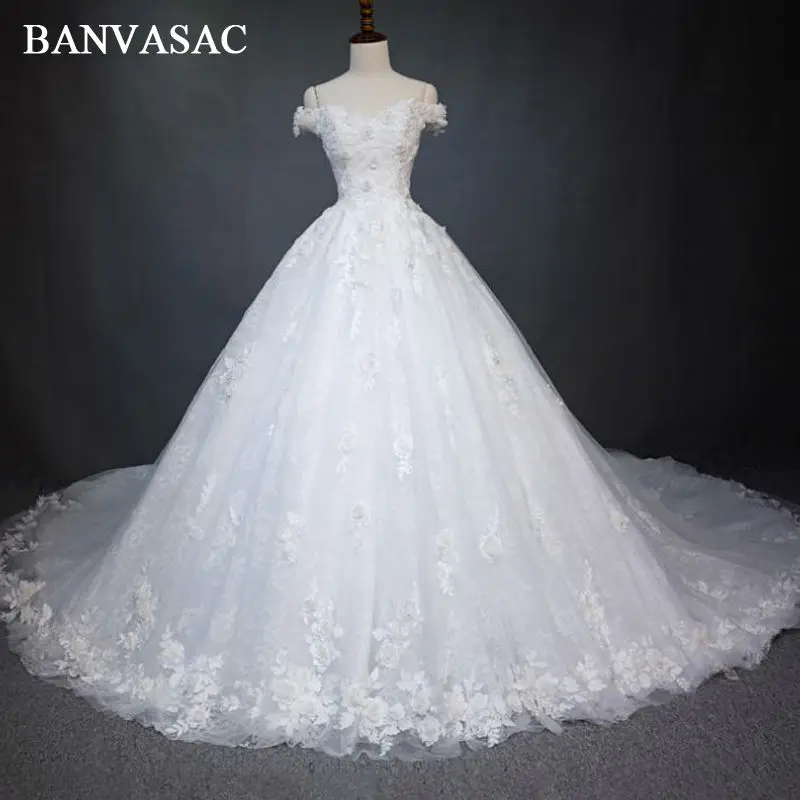 BANVASAC New Luxury Beadings Flowers V Neck Wedding Dresses Short Sleeve Satin Chapel Train Lace Bridal Ball Gowns