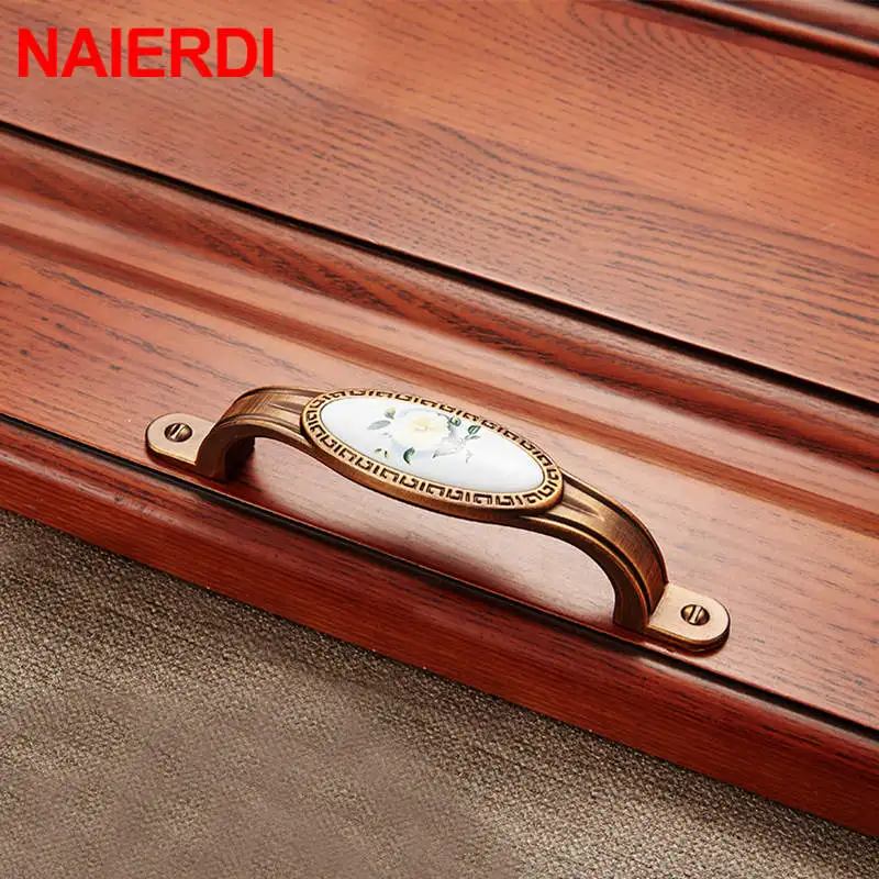 NAIERDI Vintage Ceramic Gold Cabinet Handles Drawer Knobs Zinc Alloy Wardrobe Door Handles Pulls European Furniture Handle