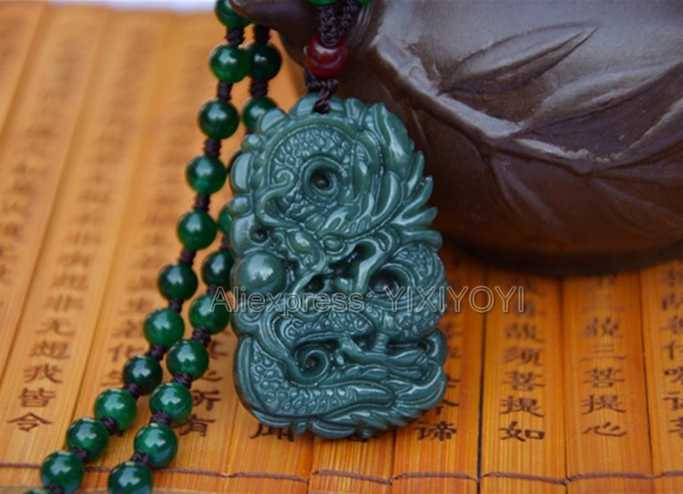 Chinese Handwork Natural Dark Green HeTian Jade Carved Retro Dragon Lucky Amulet Pendant Beads Necklace Certificate Fine Jewelry