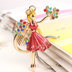 New Fashion Ballet Girl Dress Flowers Crystal Charm Purse Handbag Car Key Ring Chain Party Wedding Birthday Creative Gift