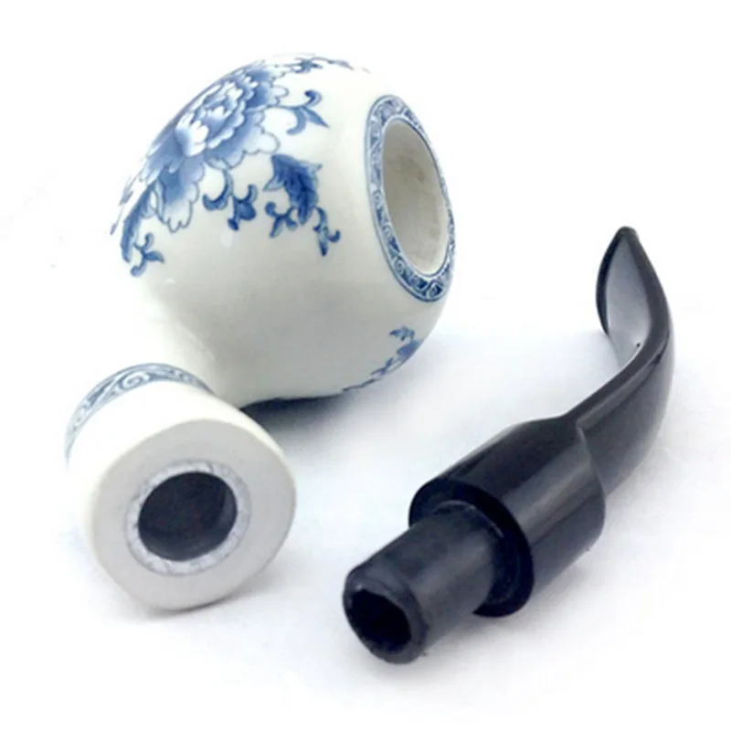 MUXIANG Handmade Ceramic Pipe Bending Type Blue and White Porcelain Smoking Pipe Double Insulation Clay Fugu Tobacco Pipe an0001