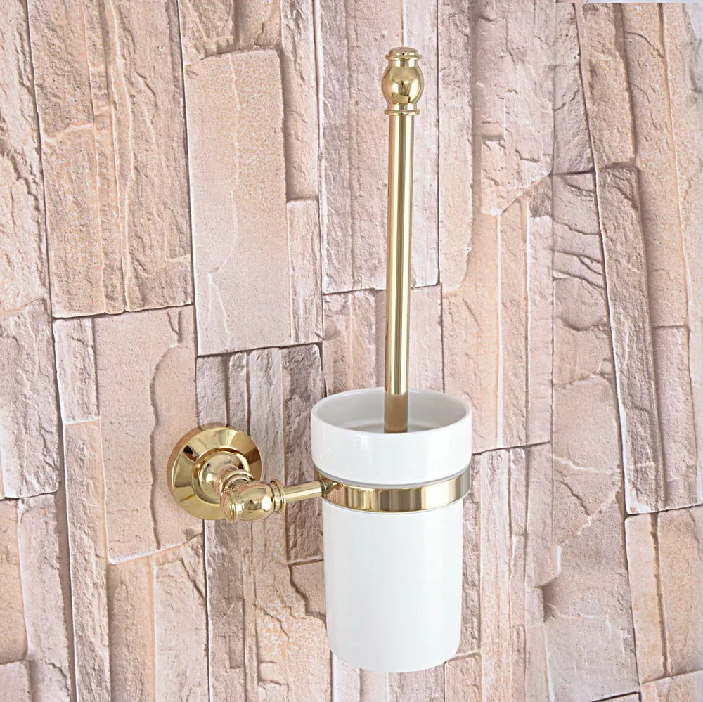 Wall Mounted Luxury Gold Color Brass Bathroom Toilet Brush Holder Set Bathroom Accessory Single Ceramic Cup mba313