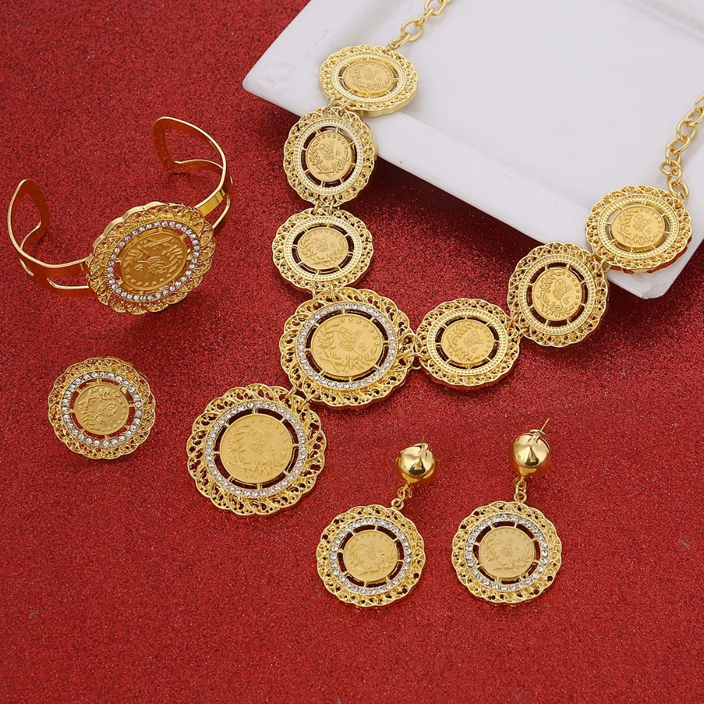 Necklace Earrings Ring Bangle Big Coin Jewelry Sets Gold Color Turkey Coins Arab Gifts Turks Africa Party