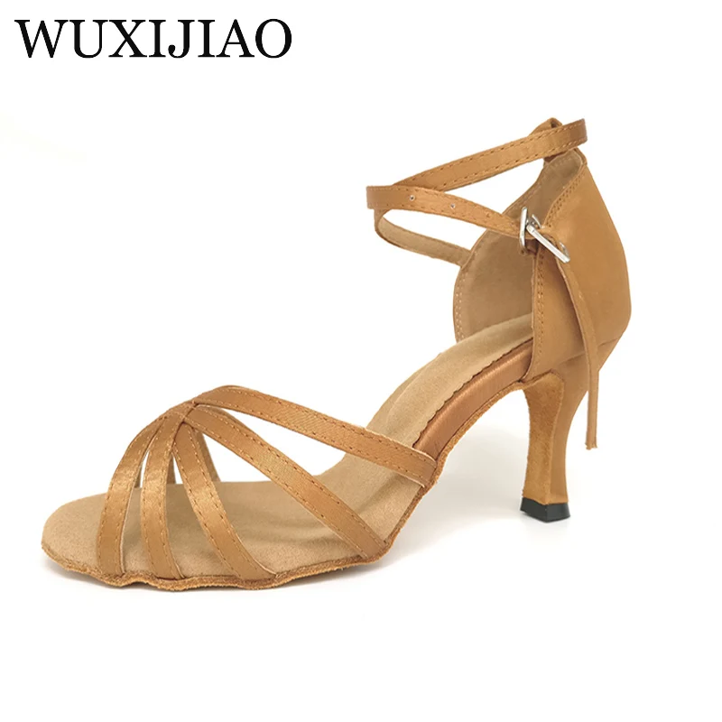 

WUXIJIAO Hot Sale Women Latin Dance Shoes Dance Dark Tan Satin Soft Leather Sole Ladies Ballroom Dances Shoes Sandal High Heel