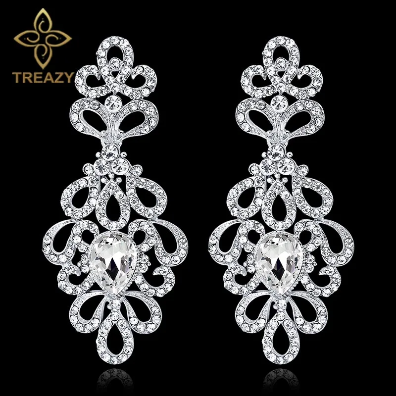 TREAZY Luxury Crystal Floral Bridal Long Earrings Silver Color Rhinestones Wedding Party Drop Earrings Femme Jewelry Accessories