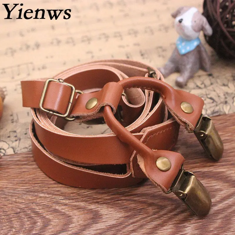 Yienws Genuine Leather Suspenders for Men Women Brown Vintage Suspenders with 4 Clip Bronze Pants Suspenders Bretelles YiA150