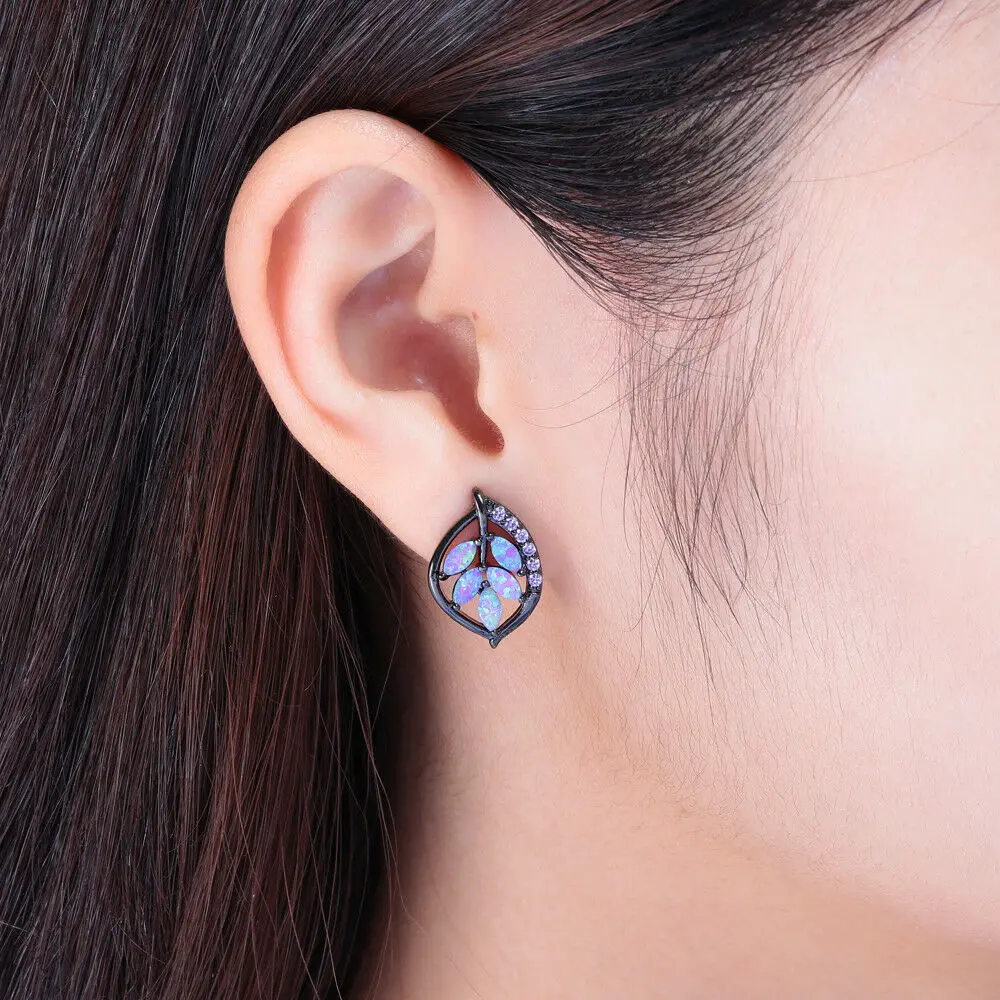 CiNily Purple Fire Opal Stud Earrings Black Gold Color Purple Zircon Crystal Leaves Leaf Natural Spring Jewelry for Women Girls