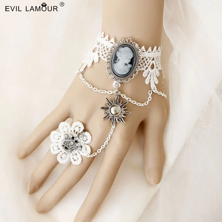 Princess sweet lolita bracelet  baroque beauty crown restoring ancient ways White bud silk bracelet with rring chain WS - 202