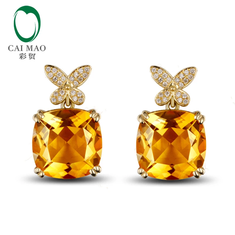 

Caimao 14K Yellow Gold Cushion 15.78ct Yellow Citrine Diamond Engagement Drop Earrings