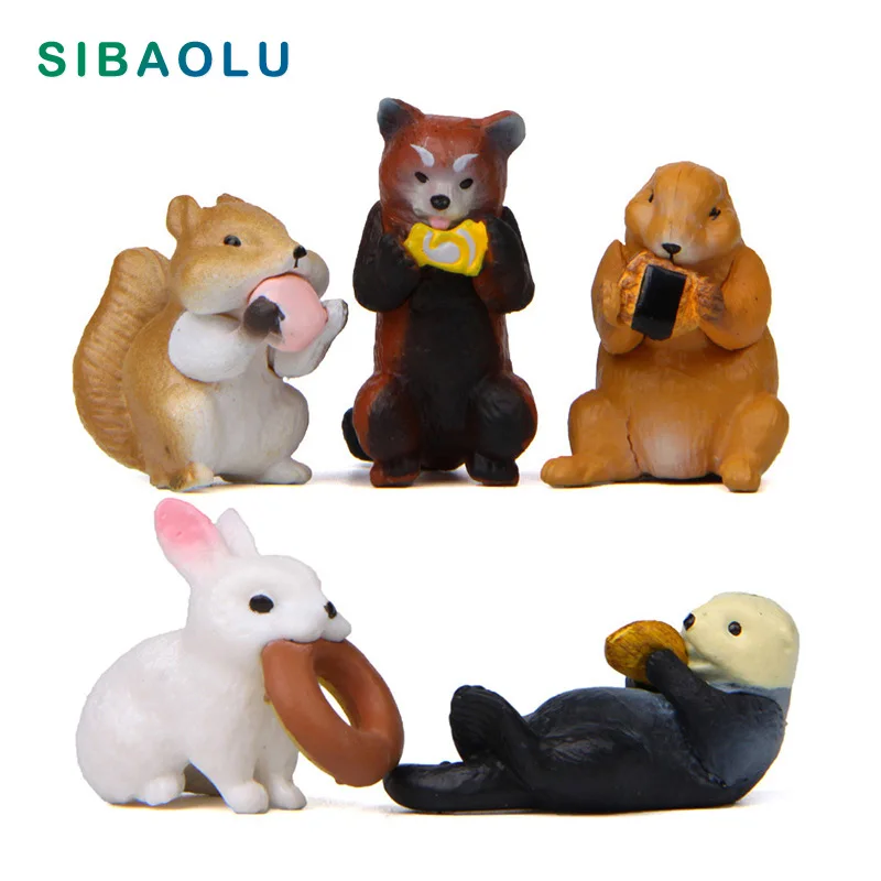 1pc Eating Food Rabbit Raccoon Otter Sea Lion Model Mini Figurine Garden Dollhouse Home Miniature Ornament Decoration Accessory