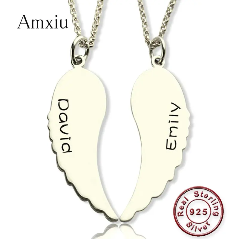 Amxiu 2 Pieces Angle Wing Necklace Engraved Two Names Necklaces Personalized 925 Silver Jewelry Pendant Necklace For Lovers Gift