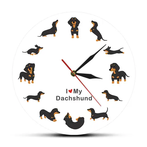 Doxie-귀여운 만화 스타일 닥스 훈트 벽시계, 개 유형 시계, 소시지 개, 현대 벽시계, 닥스훈트를 사랑한다고 말하는 시계