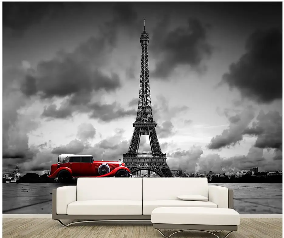 Home Decoration custom photo murals Paris Eiffel Tower in black and white color car europe wallpaper