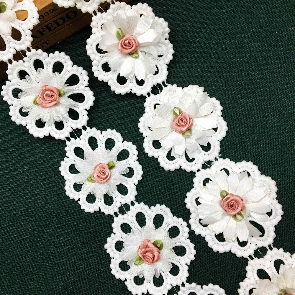 

1 Yard Soluble Cotton Rose Flowers 3D Embroidered Lace Trim Ribbon Fabric Sewing Craft For Costume Wedding Dress Hat Decoration