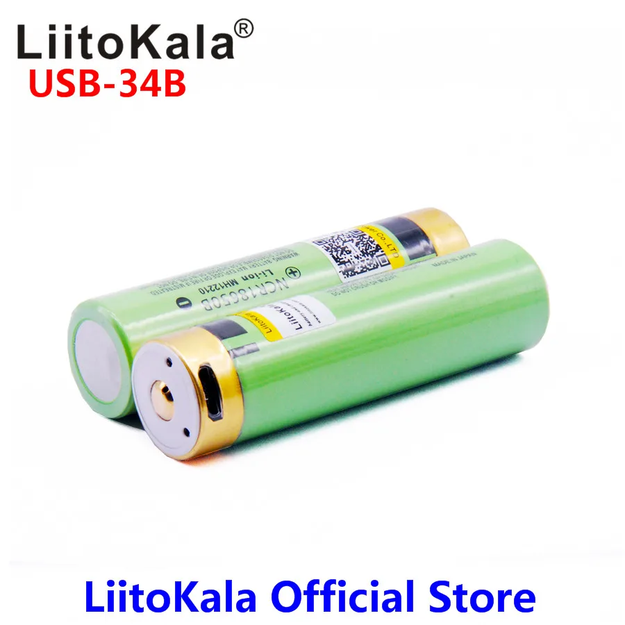 LiitoKala USB-34B 3.7V 18650 3400mAh batteria ricaricabile USB agli ioni di litio con indicatore luminoso a LED ricarica cc