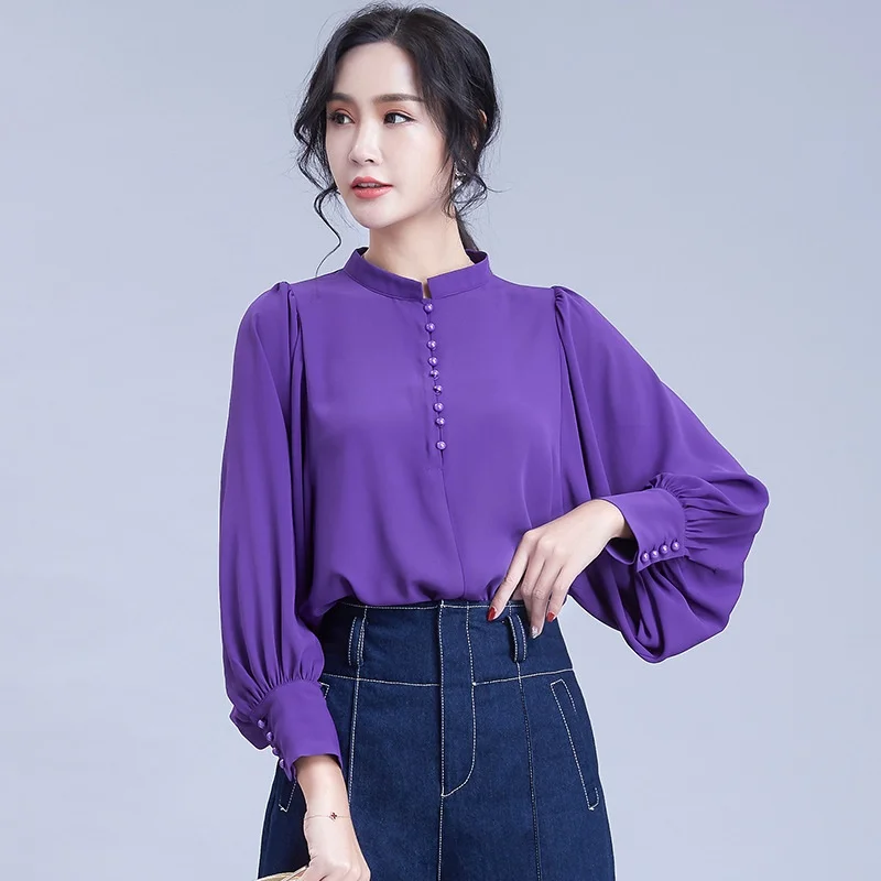 Warna Solid Korea Fashion Wanita Pakaian Blus Tombol Samping Kemeja Perempuan Balon Lengan Pakaian Kerja Wanita Atasan Musim Panas 2019 DD2134