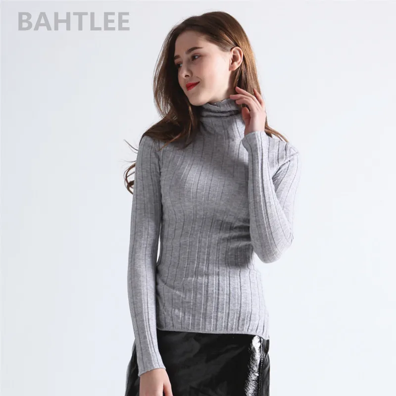 BAHTLEE-Merino Wool Sweater for Women, Turtleneck, Long Sleeves, All-Match Knitted Pullovers, Autumn and Winter