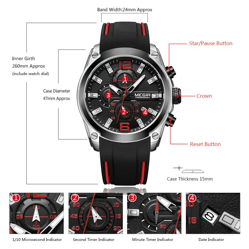 Mannen Siliconen Sport Leger Quartz Horloges Zwarte Lichtgevende Chronograaf Stopwatch Klok Man Relojios Masculino 2063GS-BK-1