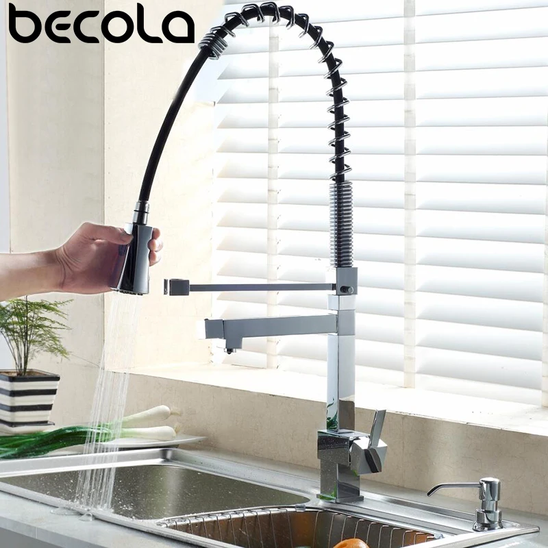 Becola Deck Mount Spring/Pull Out Brass Kitchen Faucet Hot and Cold Chrome Pull Down Spray Water Tap Mixer Luxury Sink  LH-8094