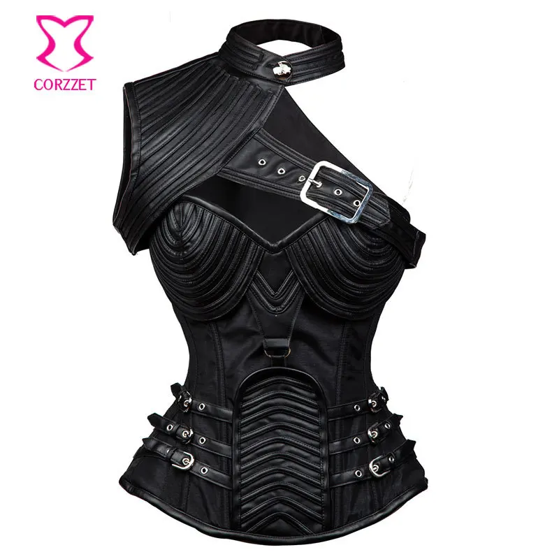 Gothic Plus Size Black Leather Armor Steel Boned Overbust Corset And Bustier Tops Women Shaper Body Vintage Steampunk Corset 6XL